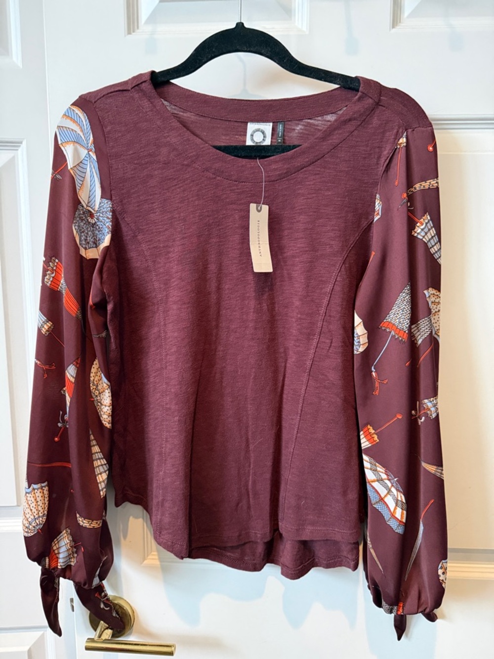 Anthropologie Maroon Mixed-Media Long Sleeve Top with Printed Balloon Sleeves